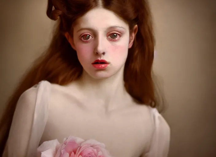 Image similar to portrait photography of a woman Degas beauty type, in style of Cecil Beaton, brigitte bardot style 3/4 , natural color skin like porcellain pointed in rose, long hair with ornamental hairstyle, full body dressed with a ethereal transparent voile dress, elegrant, 8K post production, soft focus, melanchonic rose soft light, volumetric lighting, highly detailed Realistic, Refined, Highly Detailed, natural point rose', indoor soft lighting, soft delicate lighting colors scheme, soft blur lighting, fine art fashion photography