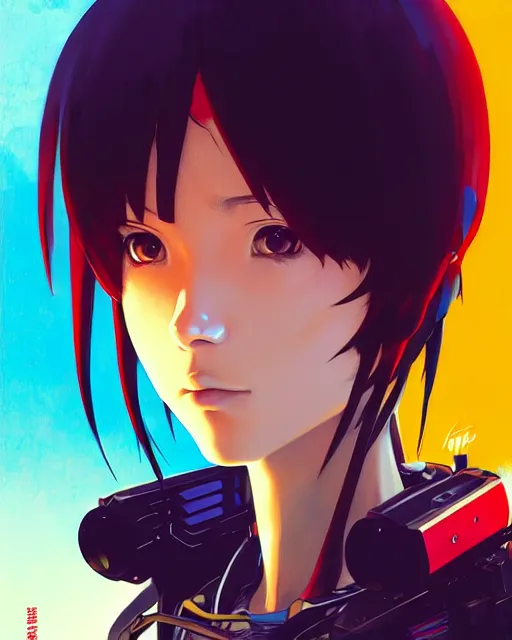 Image similar to portrait of friendly and peaceful anime cyberpunk robot face, anime, warhammer 4 0 0 0 0, realistic shaded lighting, by ilya kuvshinov katsuhiro otomo, magali villeneuve, artgerm, rutkowski, wlop jeremy lipkin and giuseppe dangelico pino and michael garmash and rob rey and tsutomu nihei