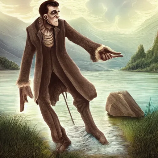 Image similar to handsome frankenstein in the lake, soft shading, fantasy illustration, gentle monster, beautiful monster