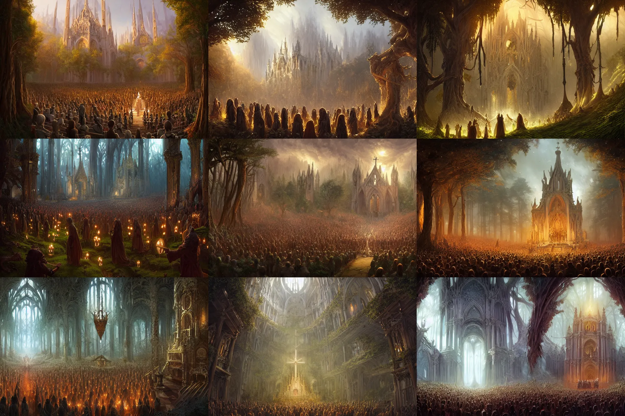 Prompt: forest of music singing to the church bells abovr, D&D, fantasy, intricate, elegant, highly detailed, digital painting, epic wide shot, artstation, concept art, matte, sharp focus, illustration, art by Noah Bradley and Scott M Fischer and Rob Alexander and Greg Rutkowski and John Avon