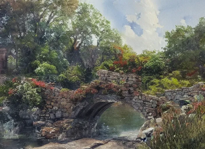 Image similar to watercolor of rustic stone bridge with mural, ivy, summer daylight, bright clear day, clouds, high detailed art by dennis miller bunker, work by anders zorn, wonderful masterpiece by greg rutkowski, beautiful cinematic light, american romanticism by greg manchess, creation by tyler edlin