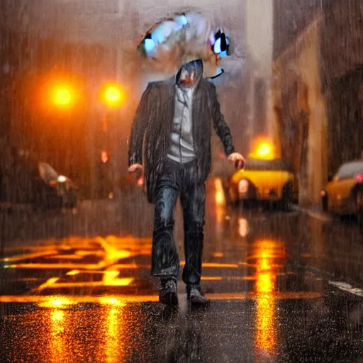 Image similar to keanu reeves walking in the rain on a reflective city street near a red flashing street light, highly detailed face and reflections misty dark close up photograph