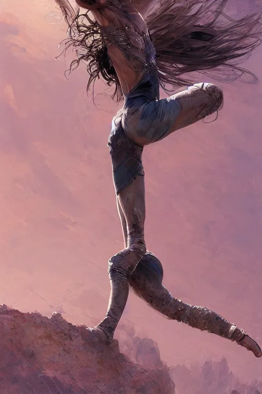 Image similar to a full body portrait of a beautiful post apocalyptic offworld desert gymnast leaping in ballet dance pose by the emerald oasis pools, intricate, elegant, highly detailed, digital painting, artstation, concept art, smooth, sharp focus, illustration, art by krenz cushart and artem demura and alphonse mucha