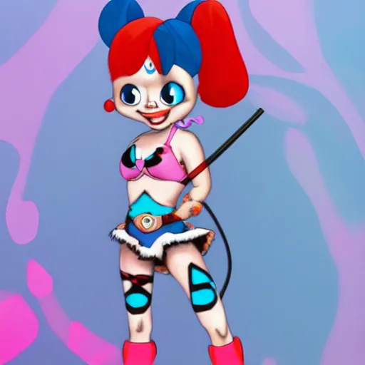 Prompt: baby harley quinn with pigtail in hair like pebbles flintstones playing with a magic wand, full body, big head, large smile, pixar style, happy, chill out, rending, trending on artstation