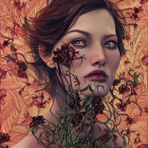 Image similar to a beautiful detailed front view portrait of a rotten woman corpse with plants and fractal flowers growing around, artgerm, joshua middleton comic cover art,