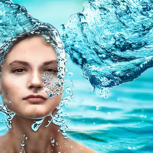 Image similar to water artwork manipulation in the shape of a human head, on the ocean water, amazing water art, ray tracing, realistic water sharp focus, long shot, 8 k resolution, cinematic
