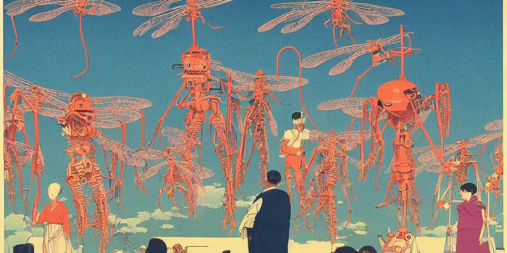 Image similar to gigantic dragonflies with human faces catch tiny robots, a lot of exotic mechas robots around, human heads everywhere, risograph by kawase hasui, edward hopper, satoshi kon and moebius, no text!, colorful flat surreal design, super - detailed, a lot of tiny details, fullshot