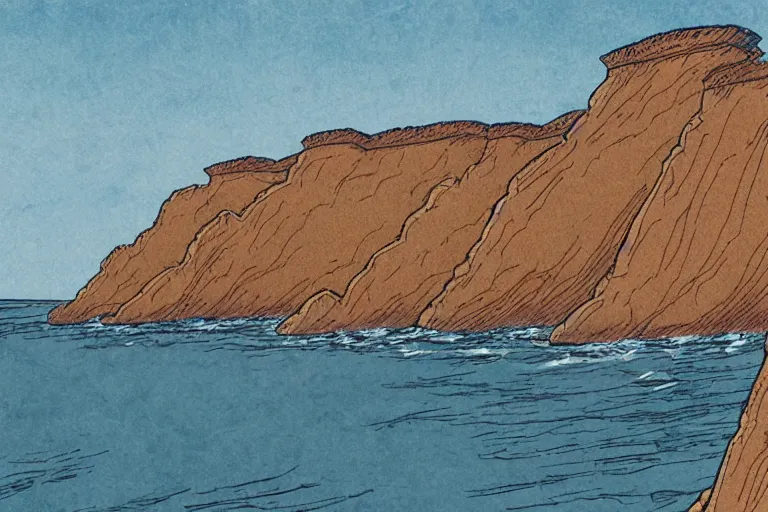 Image similar to seaside cliffs in the style of Moebius