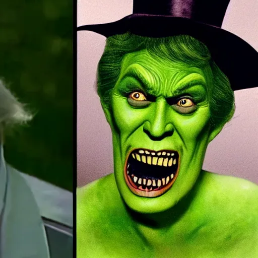 Image similar to wicked witch of the west that looks like trump with green skin, real movie still, photo quality