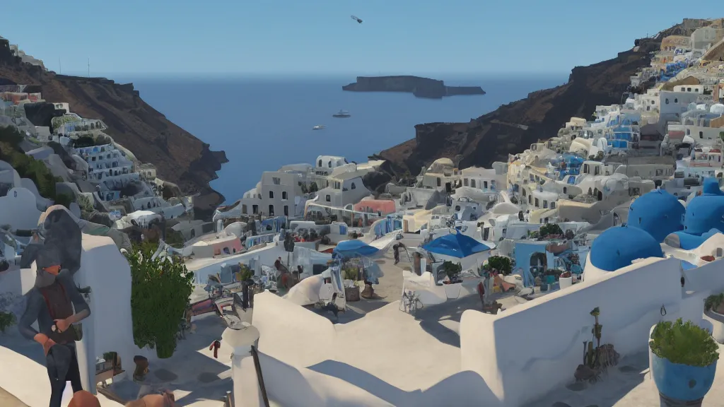 Image similar to Screenshot from Watchdogs in Santorini