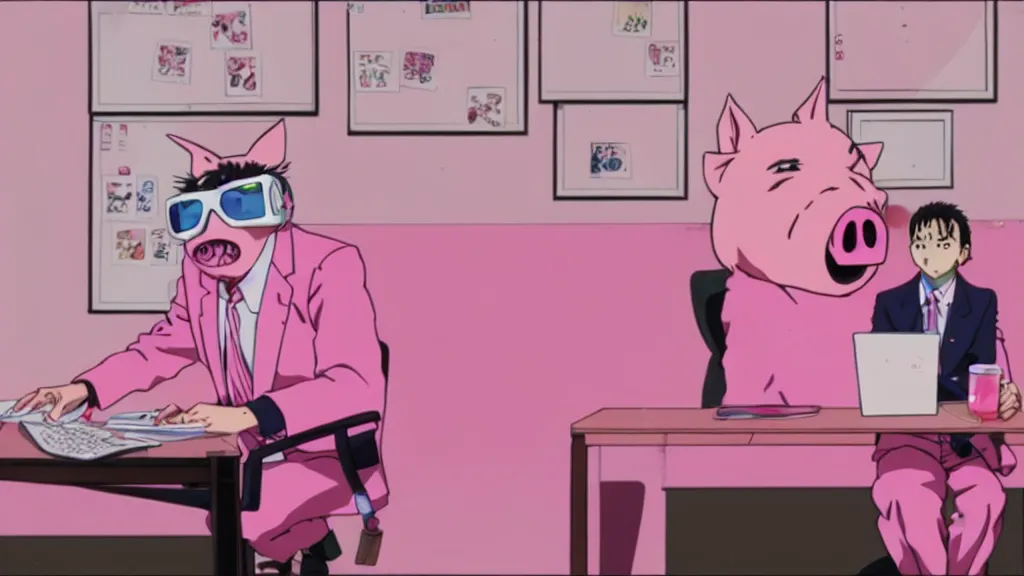 Image similar to a man wearing a pink suit and a pink pig mask sitting in an office, anime film still from the an anime directed by Katsuhiro Otomo with art direction by Salvador Dalí, wide lens