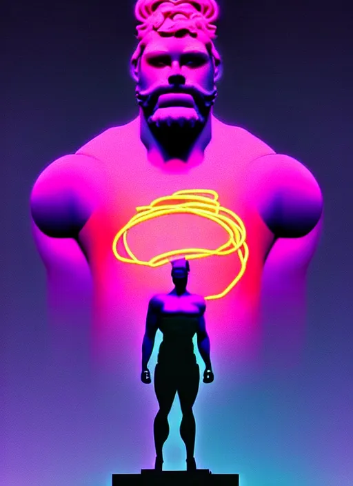 Image similar to statue of hercules, beeple, android jones, ( ( ( ( ( dan mumford ) ) ) ) ), vaporwave, retrowave, black background, neon wiring, black, glitch, strong contrast, cuts, pinterest, trending on artstation