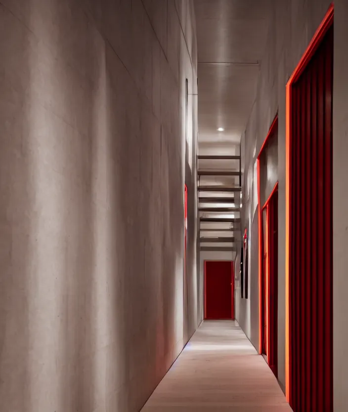 Image similar to spooky photo of a dark hallway of a japanese modern house with open lit doorways, dramatic lighting, smoke, ceiling fluorescent lighting, black and red colour palette