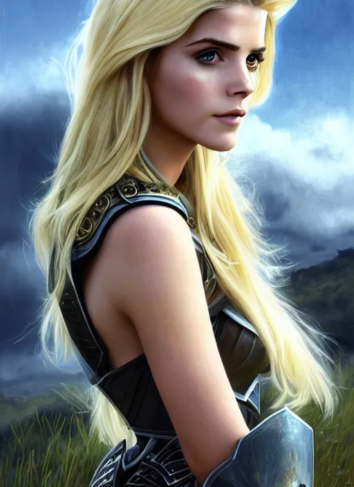 Image similar to portrait of a combination of Ashley Greene, Katheryn Winnick, Victoria Justice and Adriana Dxim, Grace Kelly, Emma Watson and Lily Collins with blonde hair wearing Paladin Armor from World of Warcraft, countryside, calm, fantasy character portrait, dynamic pose, above view, sunny day, thunder clouds in the sky, artwork by Jeremy Lipkin and Giuseppe Dangelico Pino and Michael Garmash and Rob Rey and Greg Manchess and Huang Guangjian, very coherent asymmetrical artwork, sharp edges, perfect face, simple form, 100mm