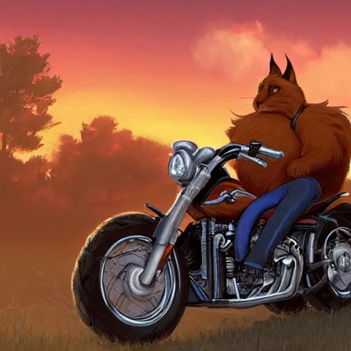 Image similar to cute fluffy caracal riding a harley motorcycle, road, sunset. adventurous, atmospheric lighting, stunning. by ted nasmith, makoto shinkai, rossdraws, james jean, andrei riabovitchev, marc simonetti, krenz cushart, trendig on artstation, digital art