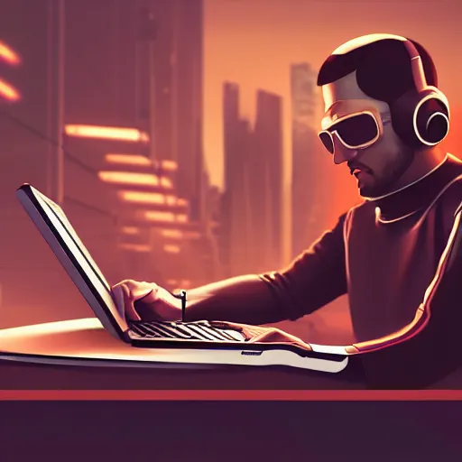 Image similar to realistic successful man typing on laptop in gaming room, artstation trends, cyberpunk concept art, highly detailed, intricate, sharp focus, digital art, 8 k