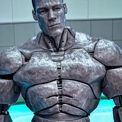 Prompt: a realistic detailed photo of a guy who is an attractive humanoid who is half robot and half humanoid, who is a male android, wrestler john cena, shiny skin, posing like a statue, blank stare, by the pool, on display, showing off his muscles, humanoid robot, frozen ice statue