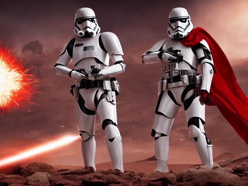 Image similar to one space trooper in glossy sleek white armor with small red details, long red cape, not wearing a helmet, heroic posture, aiming laser rifle, on the surface of mars, explosions in the background, night time, dramatic lighting, cinematic, sci-fi, hyperrealistic, movie still