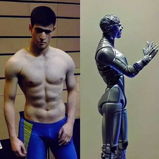 Image similar to “a realistic detailed photo of a guy who is an attractive humanoid who is half robot and half humanoid, who is a male android, American freestyle and folkstyle wrestler from Oklahoma AJ Ferrari, shiny skin, posing like a statue, blank stare, at college, on display”