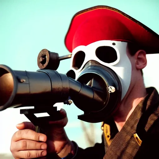 Prompt: a pirate wearing a gasmask holding a mini cannon, film still, arriflex 3 5