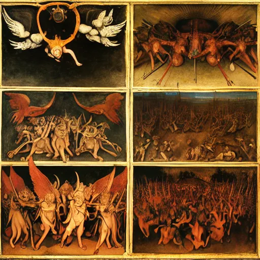 Prompt: vision of hell with winged demons flying over the flames, art by albrecht durer, art by hans memling, art by leonardo da vinci, art by francisco goya, art by pieter bruegel the elder, art by jan van eyck