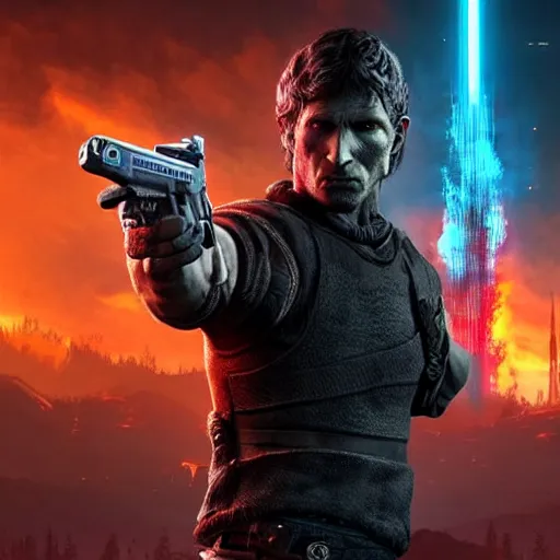 Prompt: todd howard pointing a gun towards the camera and forcing you to buy skyrim, threatening, sharp, cinematic, colorful, digital, neon, bright, cyberpunk, blade runner 2 0 4 9, realistic