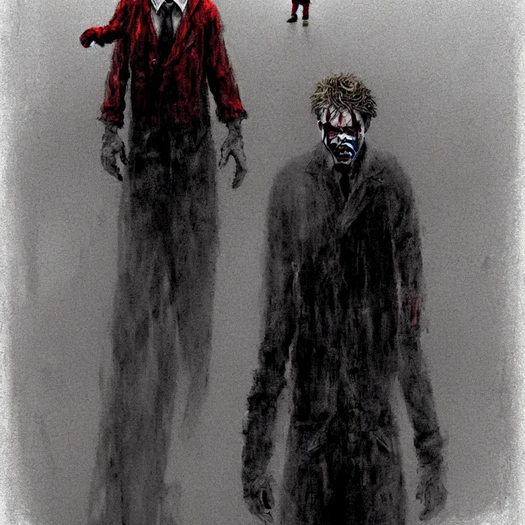 Image similar to A portrait of James Sunderland from Silent Hill 2 dressed as a clown standing in a foggy street, intricate, elegant, sharp focus, concept art, matte, art by Masahiro Ito