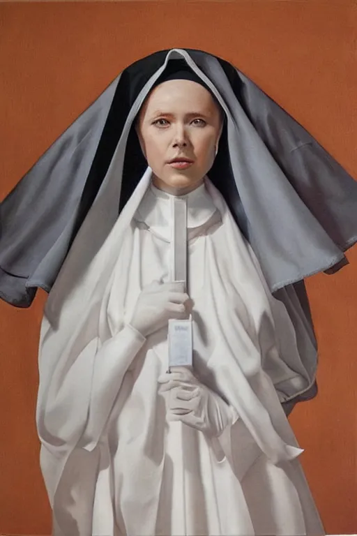Prompt: hyperrealism oil painting, portrait shot from above model in a nun's costume looking up, in style of classicism mixed with 8 0 s sci - fi japanese books art