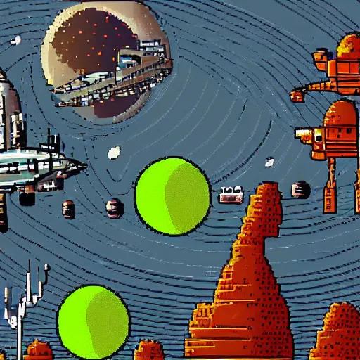 Prompt: retro alien landscape with a spaceport and many spaceships