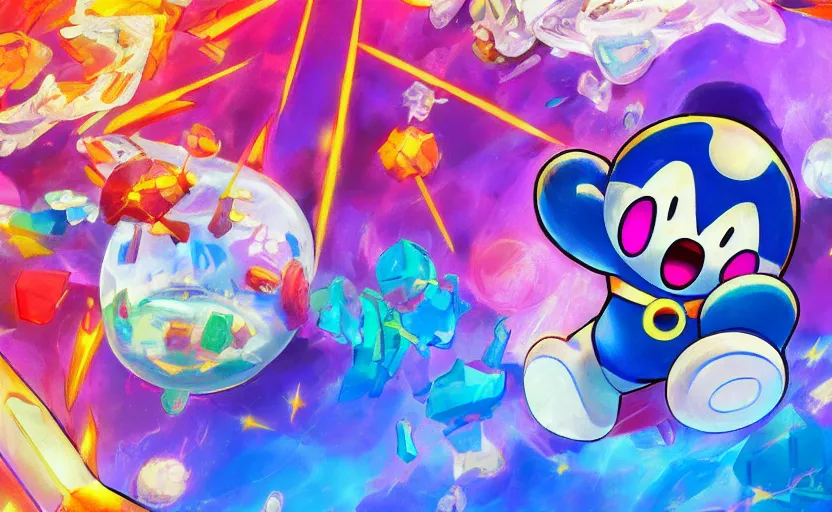 Prompt: Kirby and the crystal shards, digital painting, expressionistic, intricate detail, meticulous brush strokes, genius composition, masterpiece, work of art, 4k wallpaper