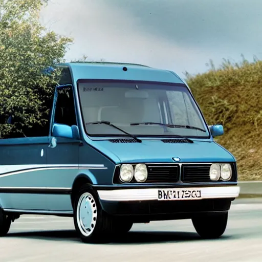 Prompt: A commercial van designed and produced by BMW, with 1988 M3 E30 design elements, promotional photo