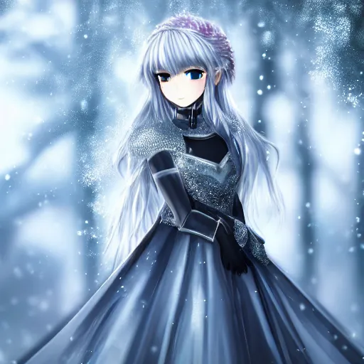 Image similar to portrait focus of knight beautiful 3 d anime girl!! silver frozen ice armor wearing!! dark forest background snowing, bokeh, inspired by masami kurum