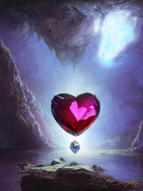 Prompt: a ultradetailed beautiful concept art of the crystal formation of the prismatic heart being absorbing the wonderful colors of the emotion around it in a forgotten cave lighten by the moon light and reflecting on the surface of a quiete lake, concept art, high resolution 4 k, by tom bagshaw, greg rutkowski, charli bowater and artgeem