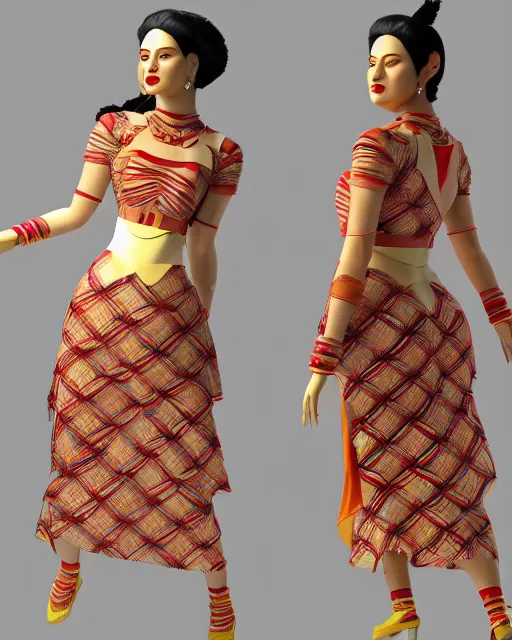 Prompt: marvelous designer 3d render Assamese bihu mekhela sador pattern gamosa style babydoll fashion costume design, D&D futuristic retrofuturistic-sci-fi dynamic, modern stylish glamour tutu, smoked layered, sheath, tunic, laced, ornate cosplay, unreal engine 8k