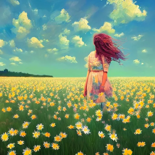 Image similar to girl with a full daisies head, surreal photography, flower field, sunset dramatic light, impressionist painting, colorful clouds, blue sky, digital painting, artstation, simon stalenhag