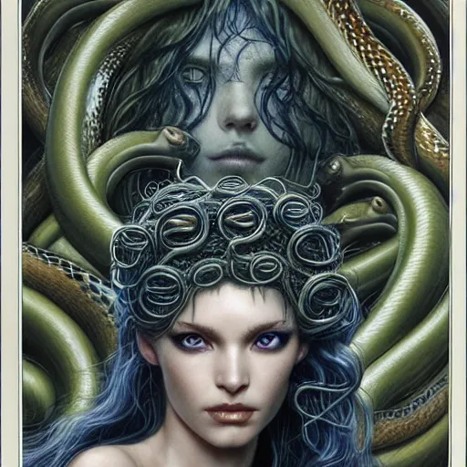 Image similar to head and shoulders vogue 7 0 mm fashion photo of medusa with different species of snakes for her hair, d & d, fantasy, luis royo, magali villeneuve, donato giancola, wlop, krenz cushart