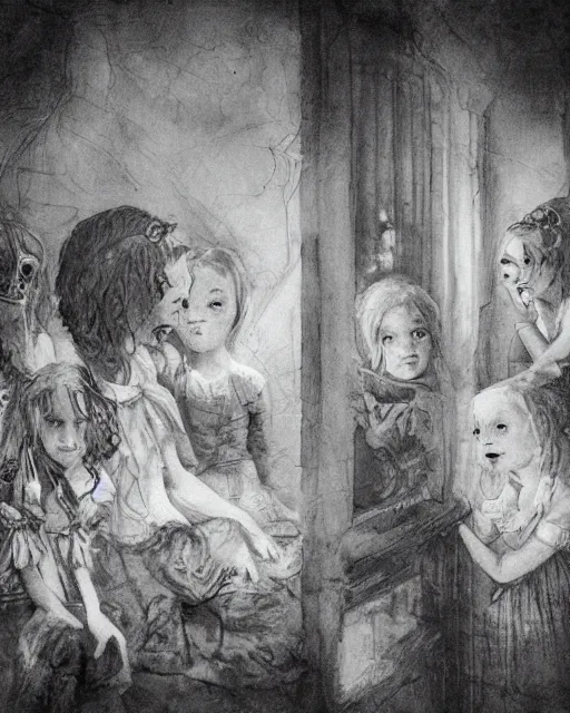 Image similar to group of creepy children staring out, black and white, victorian, ultra realistic, concept art, intricate details, horror, cinematic, highly detailed