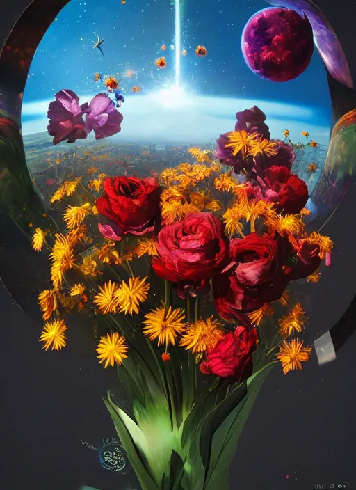 Image similar to An epic fantastic realism comic book style painting of the most beautiful flowers launched into space, bouquets, solar eclipse, fisheye, unreal 5, DAZ, hyperrealistic, octane render, dynamic lighting