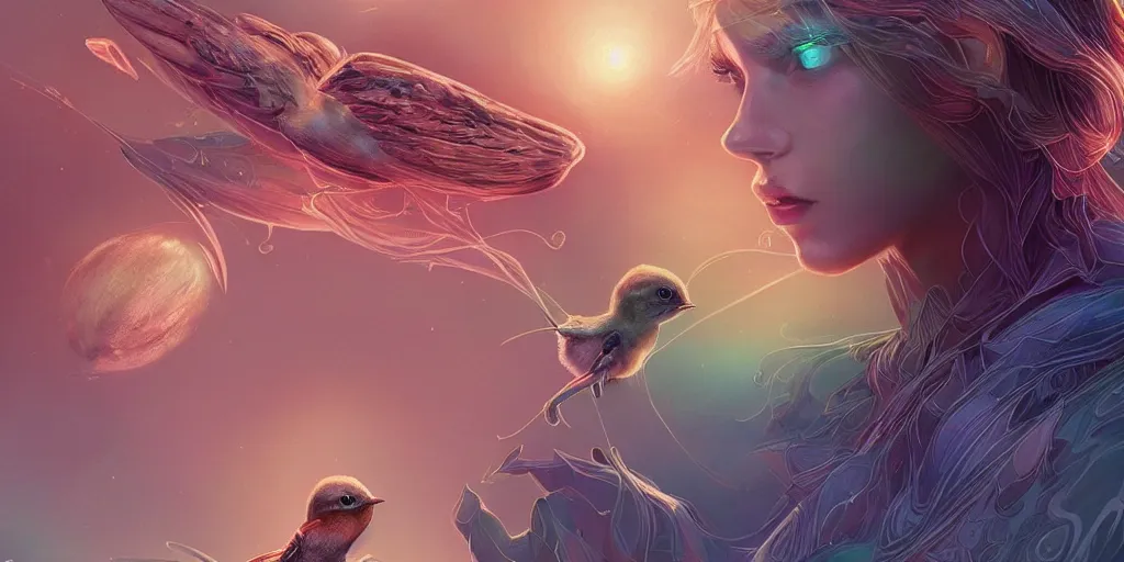 Prompt: baby bird catches the worm, sunrise, rainbow, sci-fi, fantasy, intricate, very very beautiful, elegant, highly detailed, digital painting, artstation, concept art, smooth, sharp focus, illustration, art by artgerm