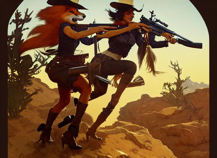 Image similar to a beautiful, dynamic illustration of an bounty hunting anthropomorphic fox - woman running and gunning with a winchester rifle, wild west theme, motion blur, action illustration by stanley artgerm, greg rutkowski, alphonse mucha, norman rockwell, 8 k,