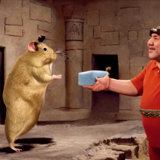 Prompt: fred flintstone talking to a hamster in ancient egypt, on the television show the office