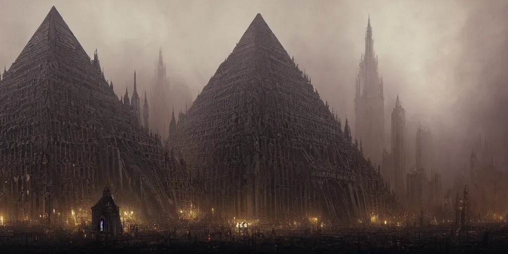 Prompt: dark, hive city, gothic pyramid, massive, extremely intricate, gothic, fog, greg rutkowski, darek zabrocki, marcin rubinkowski, lorenzo lanfranconi, oleg zherebin, karlkka, trending on artstation