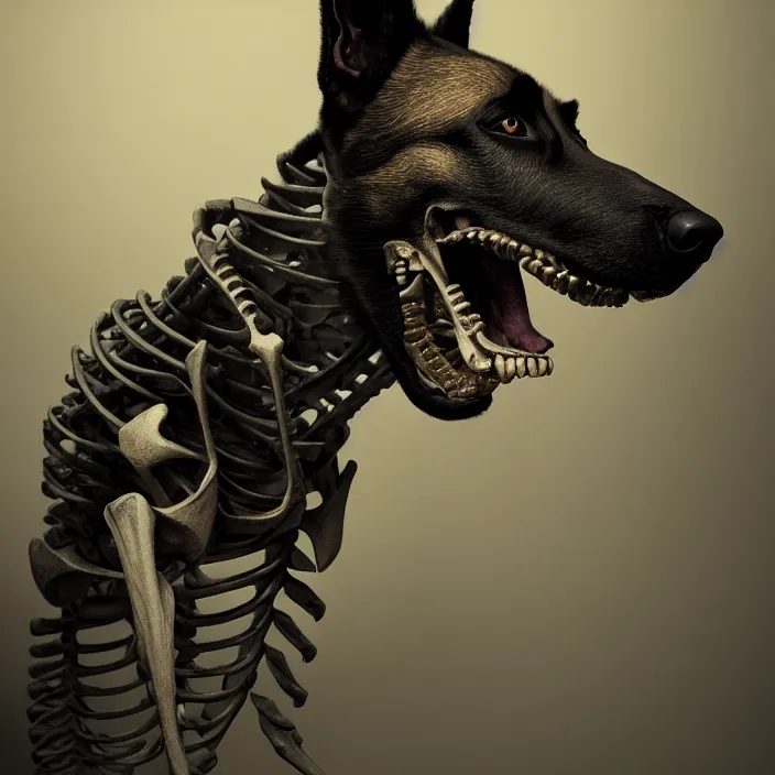 Image similar to belgian malinois, skeleton. intricate abstract. intricate artwork. by Tooth Wu, wlop, beeple, dan mumford. octane render, trending on artstation, greg rutkowski, very coherent symmetrical artwork. cinematic, hyper realism, high detail, octane render, 8k, iridescent accents, deep blacks