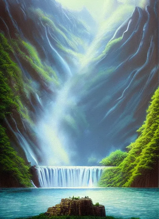 Image similar to a painting of a waterfall and a lake surrounded by mountains, a detailed matte painting by david a. hardy, featured on cgsociety, fantasy art, matte painting, 2 d game art, concept art