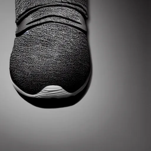 Image similar to nike shoe made of very organic structure fluffy black and white faux fur placed on reflective surface, professional advertising, overhead lighting, heavy detail, realistic by nate vanhook, mark miner