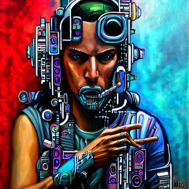 Image similar to a beautiful painting cyberpunk jibaro, by alberto mielgo movie art