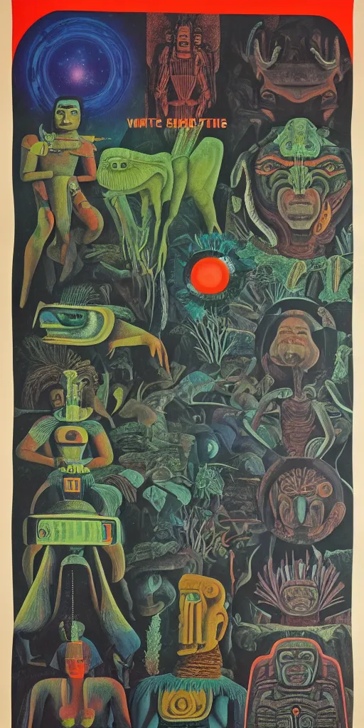 Image similar to 1968 science fiction movie poster, cut out collage, neon mayan, deep winter on Venus, epic theater, deep forest creatures, mountain plants, drawings in part by Diego Rivera, part by Ernst Haekl, text by William S Boroughs, written by Michael Ende