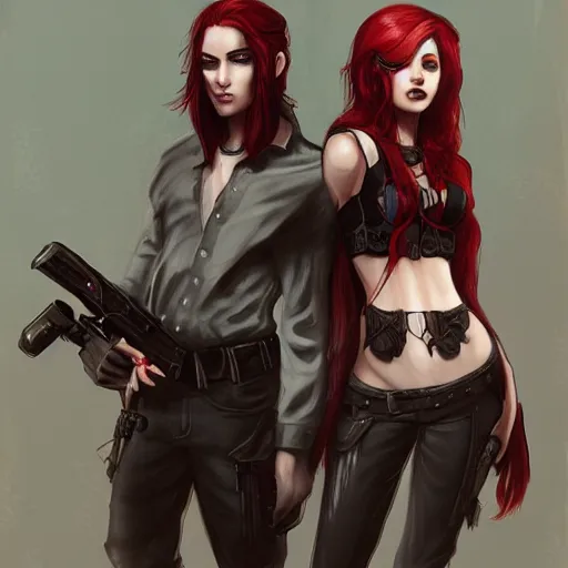 Image similar to a concept art of a boy and a girl with red hair holding a gun, gothic clothes, highly detailed, digital painting, artstation, concept art, smooth, sharp focus, illustration