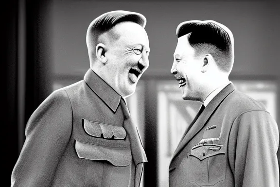 Image similar to “ very very intricate photorealistic photo of hitler and elon musk laughing together, detailed natural lighting, award - winning crisp details ”