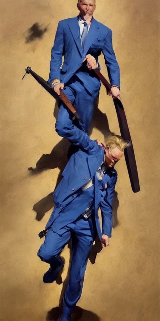 Image similar to greg manchess portrait painting of a blond man in a blue suit with a sword and a pistol, asymmetrical, profile picture, organic painting, sunny day, matte painting, bold shapes, hard edges, street art, trending on artstation, by huang guangjian, gil elvgren, ruan jia, randy vargas, greg rutkowski